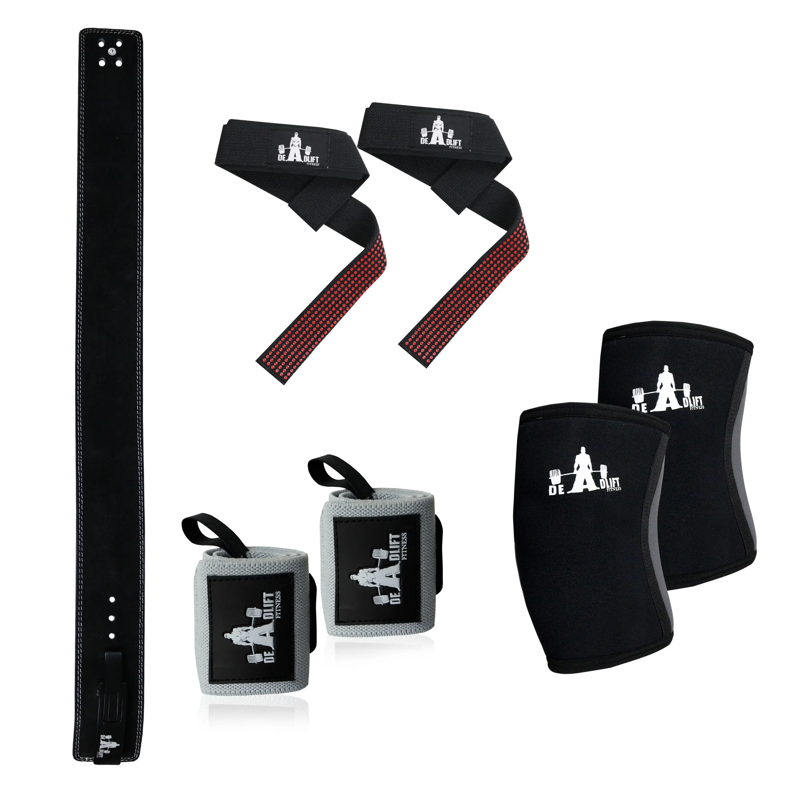 DHABII 4-Piece Power Lifting Workout Bundle - Leather Lever Belt, 7mm Neoprene Knee Sleeves, Nylon Wrist Wraps, Padded Straps for Weightlifting, Strength Training