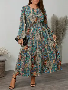 Printed Lantern Sleeve Dress, Boho Style High Waist Shirred Design, Long Sleeve Loose-Fitting Casual Wear Spring for Daily Wear and Holidays
