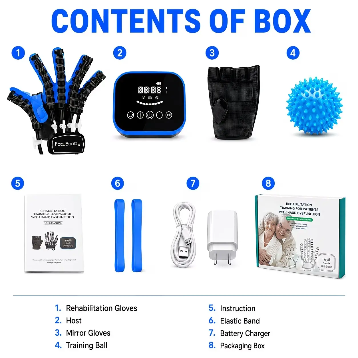 Blue Right-Hand Rehab Training Tool Set - Essential Hand Exercise Tools with Rehabilitation Gloves, Ball, Health Arm & Finger Supports for Dysfunction Recovery, Regain Mobility (Bathroom Use), Essential Tools For Hand Exercises