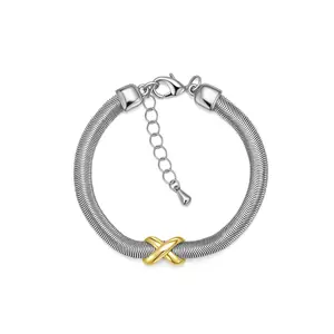 Aprilery Two-Tone Mesh Bracelet for Women – X Design Accents Adjustable Chain