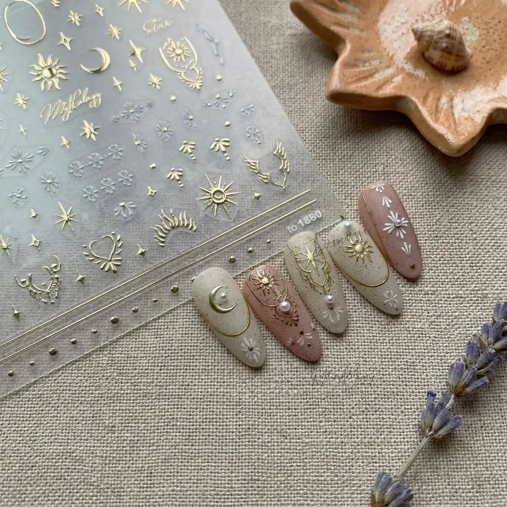 NOLUCK 2pcs 5D Embossed Golden Sun-Moon-Stars Nail Art Stickers Sheet, Easy-Apply Self-Adhesive Laser Decals for Home Nail Art Designs, Salon Manicure Shiny Finish