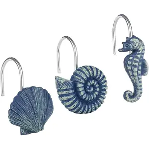 Seashells Decorative Shower Curtain Hooks, Blue  Creatures  Shower Curtain Rings, , Nautical Bathroom Decoration Beach Shower Curtain Hooks-12 Pack