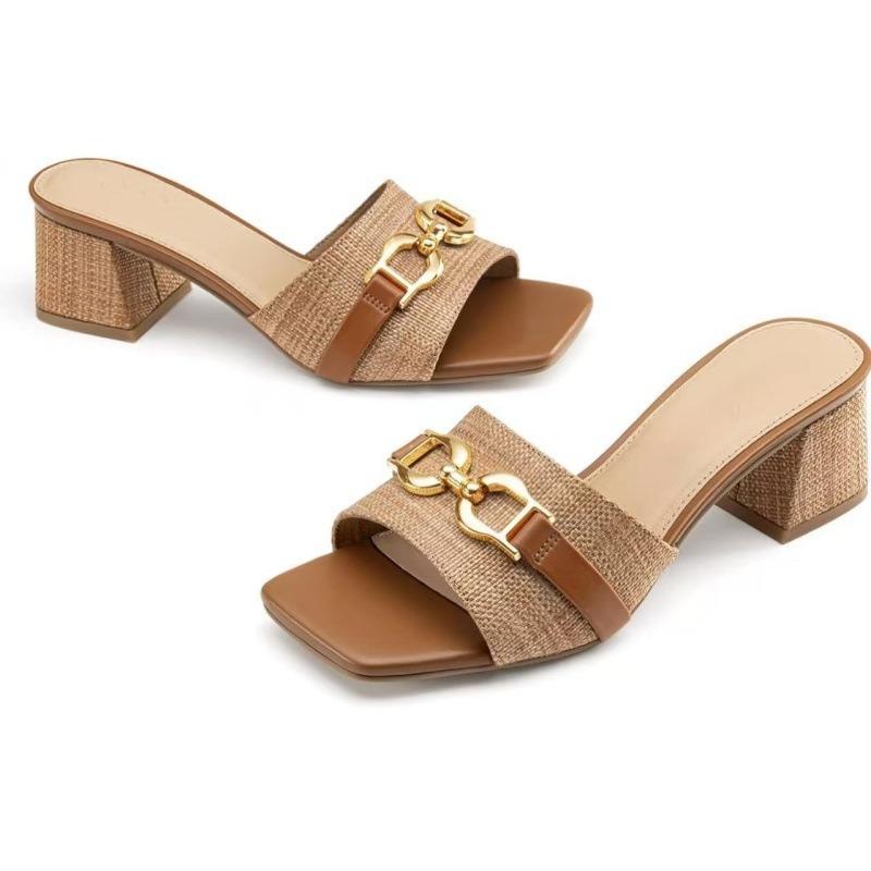 Women's Raffia Heeled Sandals Square Open Toe Slip On Mules Chunky Block Heels with Metal Chain for Summer Vacation