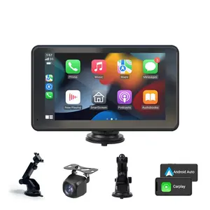 Portable in-car wireless entertainment system compatible with Apple CarPlay and Android Auto featuring a 7-inch HD touchscreen support for MirrorLink Bluetooth 5.3 rearview camera TF card slot AUX input and FM transmitter—suitable for all vehicle types su