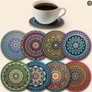 8-Piece Mandala Coasters Set, Wooden Coaster Collection, Perfect for Parties & Gatherings, Ideal for Bars, Offices, Homes, Size 3.94"x3.94"
