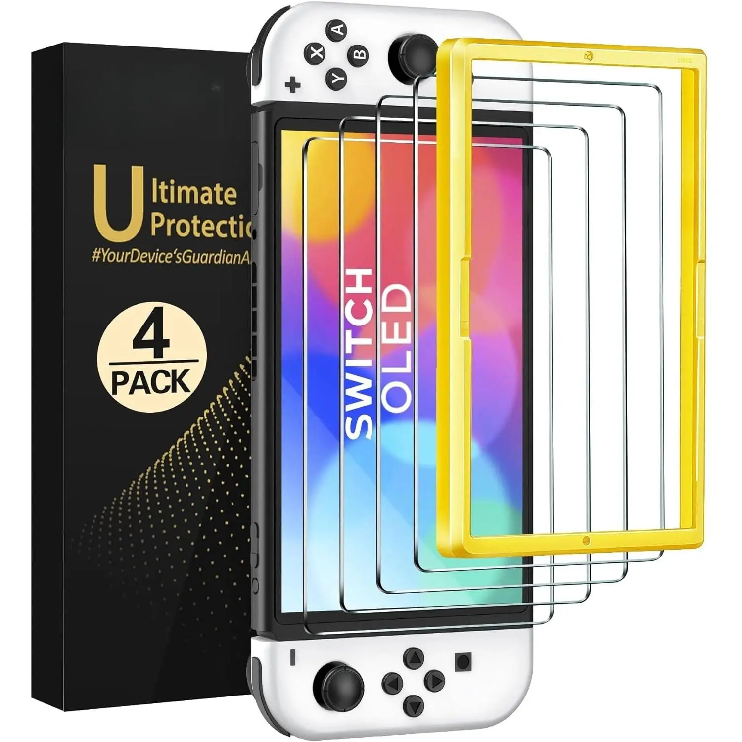 SQ-PCS011 4-Pack Tempered Glass Screen Protector Accessories for Nintendo Switch OLED Model 2021&2023, 7in Updated Version with Alignment Frame for Easy Installation & Strong Protection, Cover-Compatible, Handheld