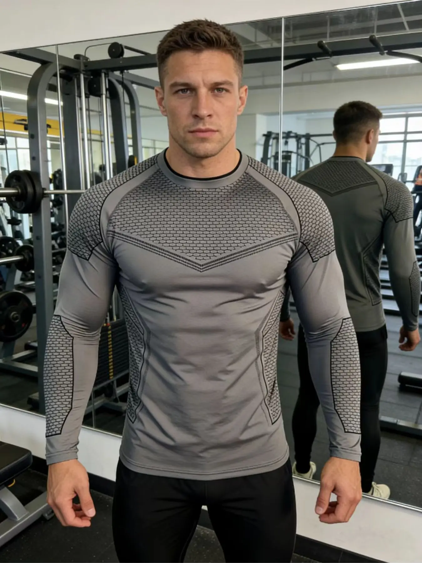 Men's Fitness Compression Long Sleeve Quick-Dry Tight Fit Sports Shirt, Gym Exercise Men's Honeycomb Texture Tight Fit Long Sleeve, Athletic Compression Shirts, Fitness Sport Top