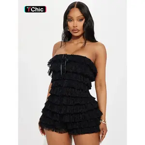 Women's Solid Color Lace Tiered Layer Bodycon Romper, Womenswear, Sexy Sleeveless Strapless Backless Tie-front Cake Jumpsuit, Party Club Date Night Holiday Beach Vacation Slim Fit Playsuit One-piece For Ladies Summer Clothes