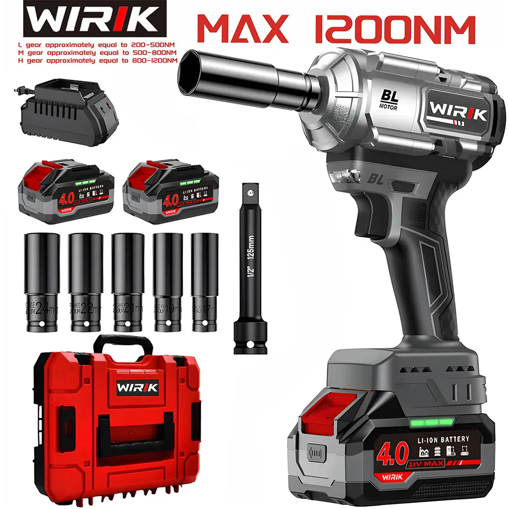 WIIRIK 1200NM (900FT-LBS) Cordless lmpact Wrench, For Automobiles, Trucks, 2x 4.0Ah Batteries, Fast Charger, 3000RPM, 5 Sockets & 1 Extension Bar High Torque Impact Power Tool Compatible