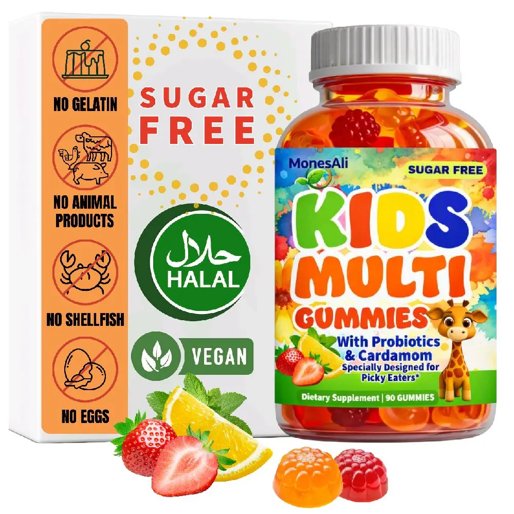 MonesAli Kids Multivitamin Dietary Supplement Gummies - 1 Bottle, 90 Count, Sugar Free, with Magnesium, Probiotics, Cardamom, Appetite Booster, Halal, Vegan, for Children's Body Health