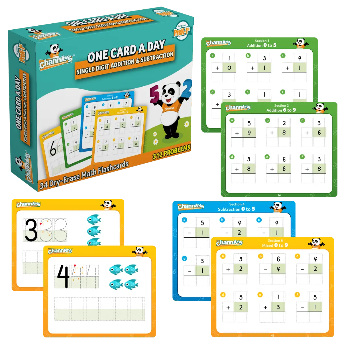 Channie’s Visual One Card a Day Single Digit Addition & Subtraction, Visual Dry Erase Math Flash Cards Set, 34 Cards for Pre-K - 1st Grade