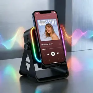 5in1 Phone Holder Speaker, wireless intelligent sensing Bluetooth speaker, 5000mAh/2000mAh rechargeable emergency power bank, 360 ° adjustable mobile tablet desktop holder, gift with colored ambient light, suitable for men and women
