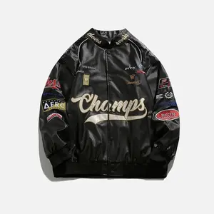 Aelfric Eden Faux Leather Jacket Oversized Racing Motorcycle Jackets Moto Coats Unisex Trendy Streetwear Jacket Fabric Menswear Outfit Black Long Sleeve