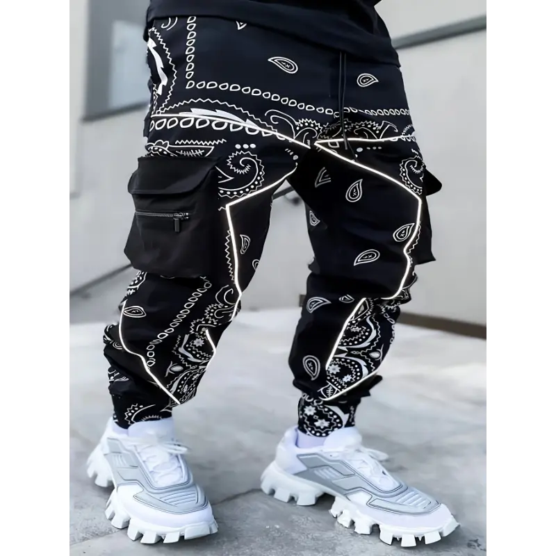 [Multi Pocket Paisley Joggers] Men's Paisley Pattern Multi Pocket Joggers, Casual Sports Pants For Fitness