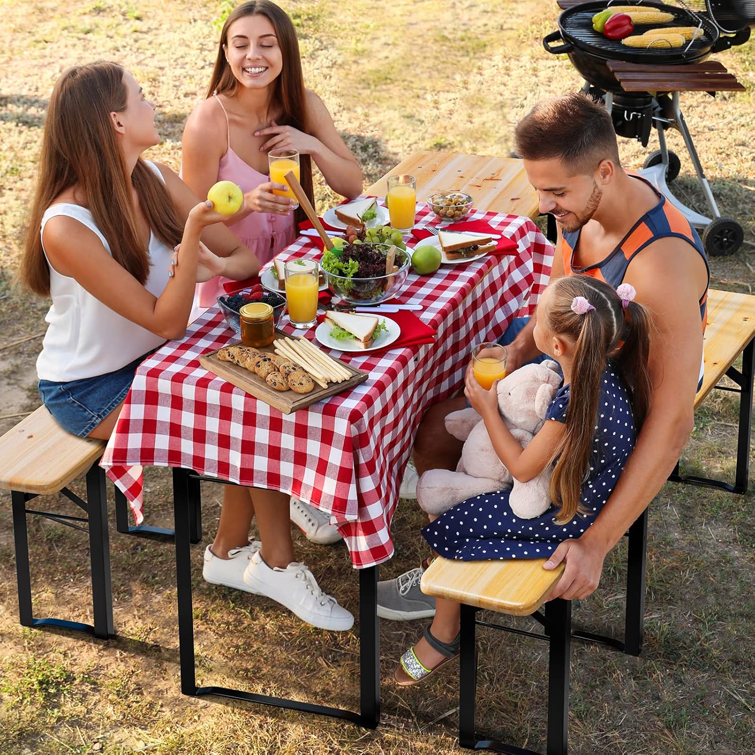 Karlhome 3pcs 4/6FT Folding Picnic Tables with Benches Set, Weather-Resistant Wooden Beer Garden Table Bench, 3-Piece Portable Fold Up Camping BBQ Table w/Carrying Handles,Natural Wood Color