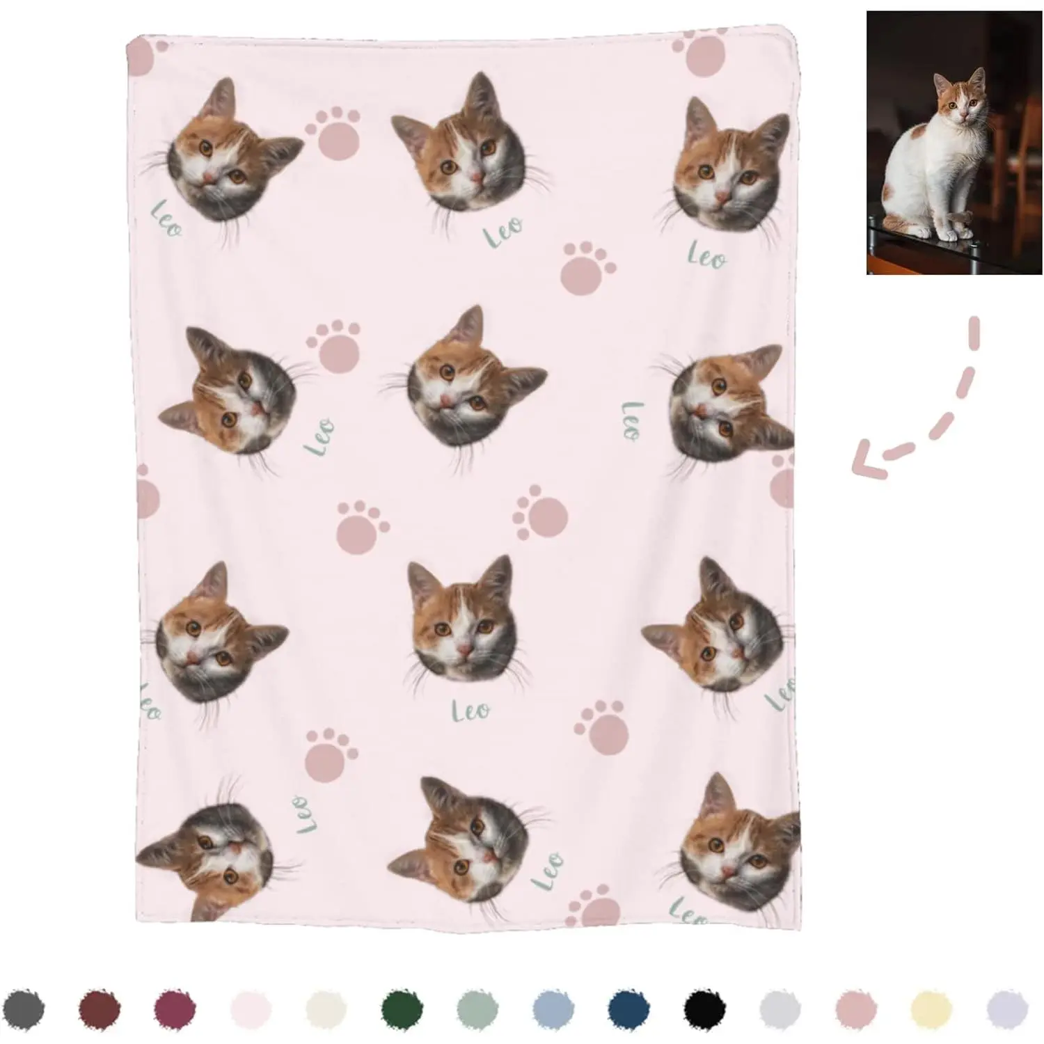 Customized Cat Face Flannel Fleece Blankets - Personalized with Photos and Name - Soft Bedding Throw, Gift for Cat Lovers, Customized Blankets