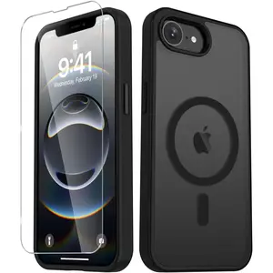For iPhone 17e Case, iPhone 16e Case, Matte Magnetic Phone Cover [with 1 Screen Protector] [Support for MagSafe] [Shockproof Military Grade Protection] Translucent Frosted Back, Black