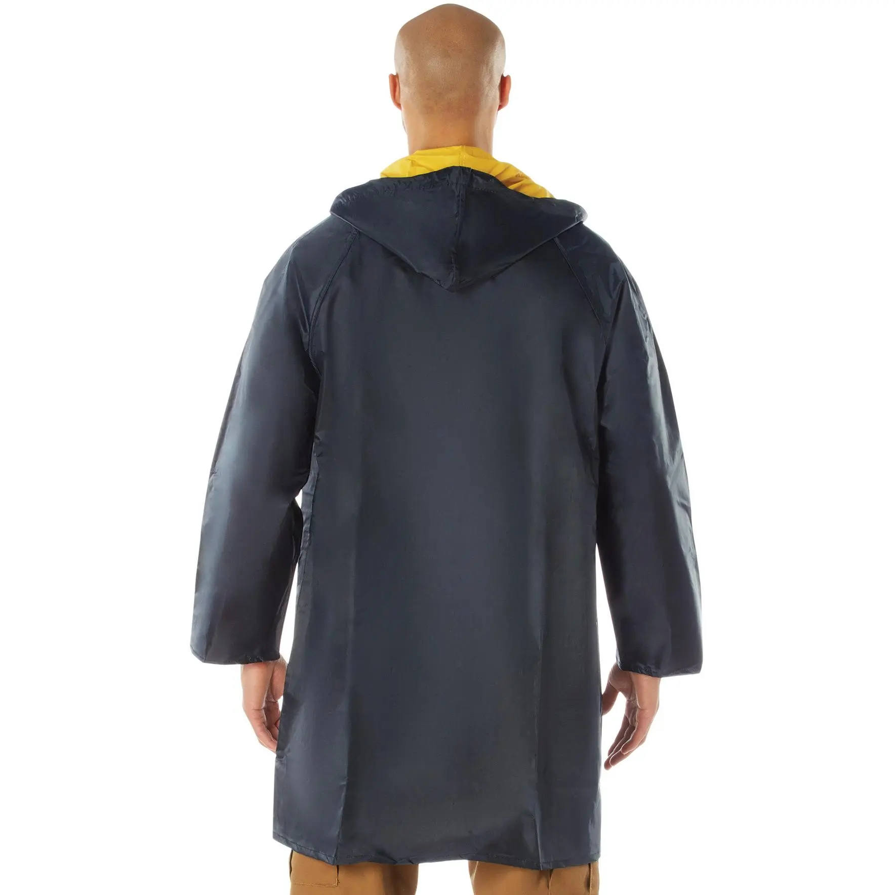 Fashion Apparel PVC Mid-Length Rain Parka - Waterproof, Reversible, Attached Hood, Multi-Size, Large, Navy Blue & Yellow Color Options
