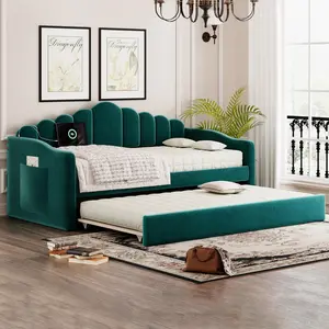 [Bellemave]Twin size Upholstered Daybed with Trundle ,Velvet Sofabed with USB Charging Ports,No Box-spring Needed,Green