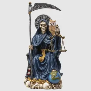 Sitting Santa Muerte in Blue Gown with Owl and Scale Figurine Death 9 Inch