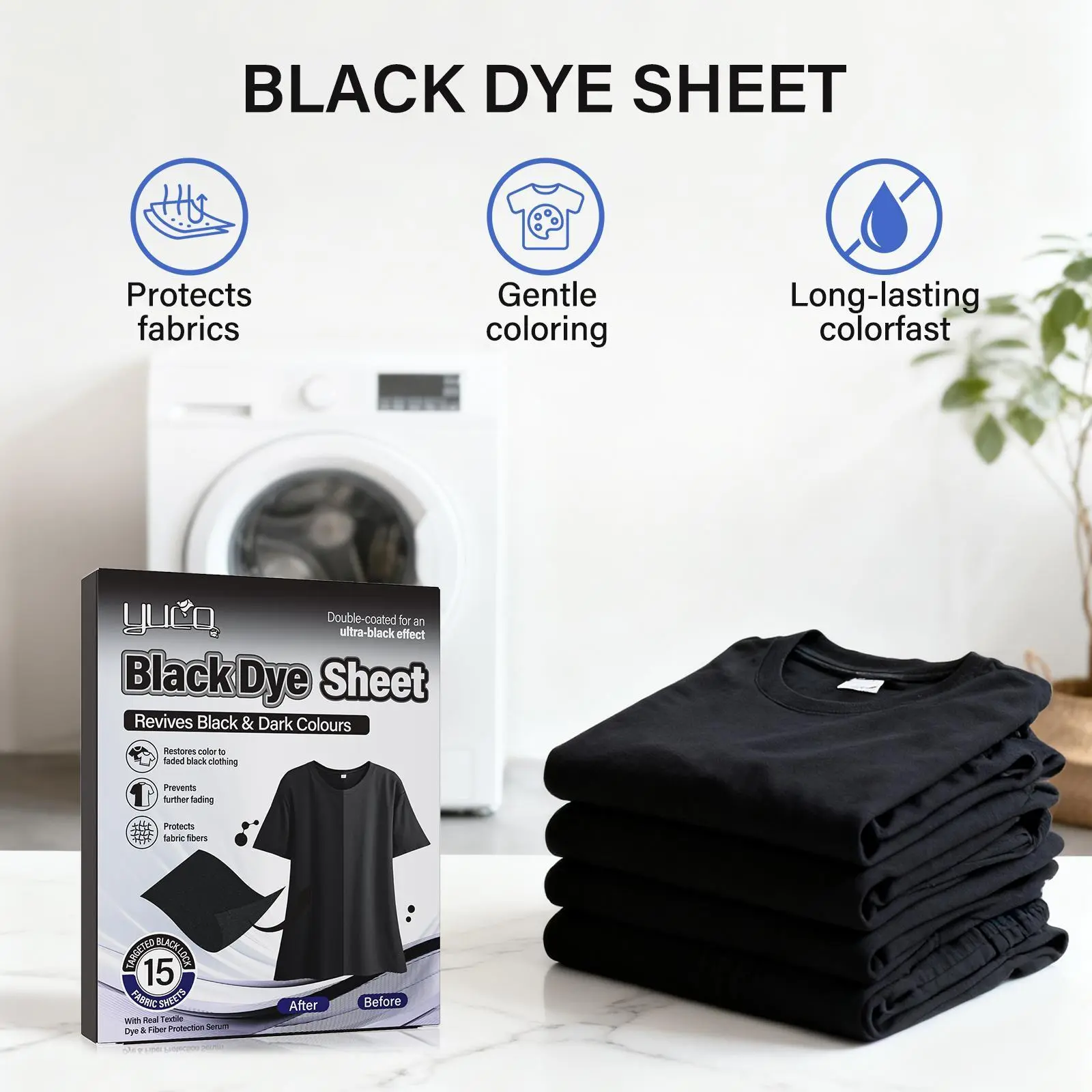YUCO Black Dye Sheets for Faded Clothes Restore Black Color Fast Dissolving Laundry Color Restorer Revives Black Clothing No Mess Works in Any Washing Machine 15 Sheets Washer
