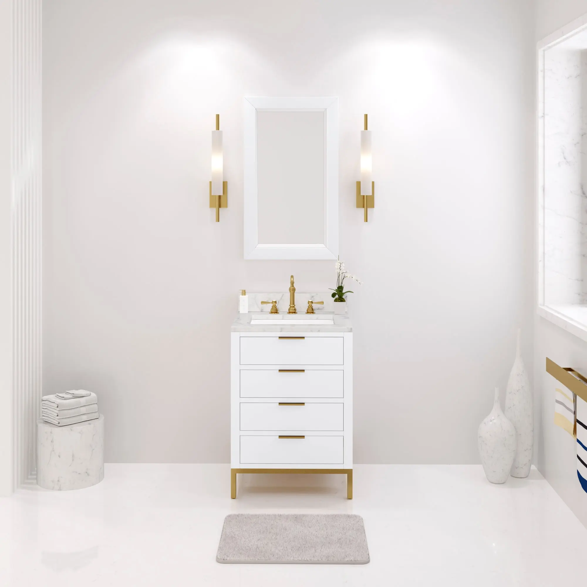 Water Creation Bristol 24" Single Sink Carrara White Marble Countertop Bath Vanity in Pure White with Satin Gold Hook Faucet