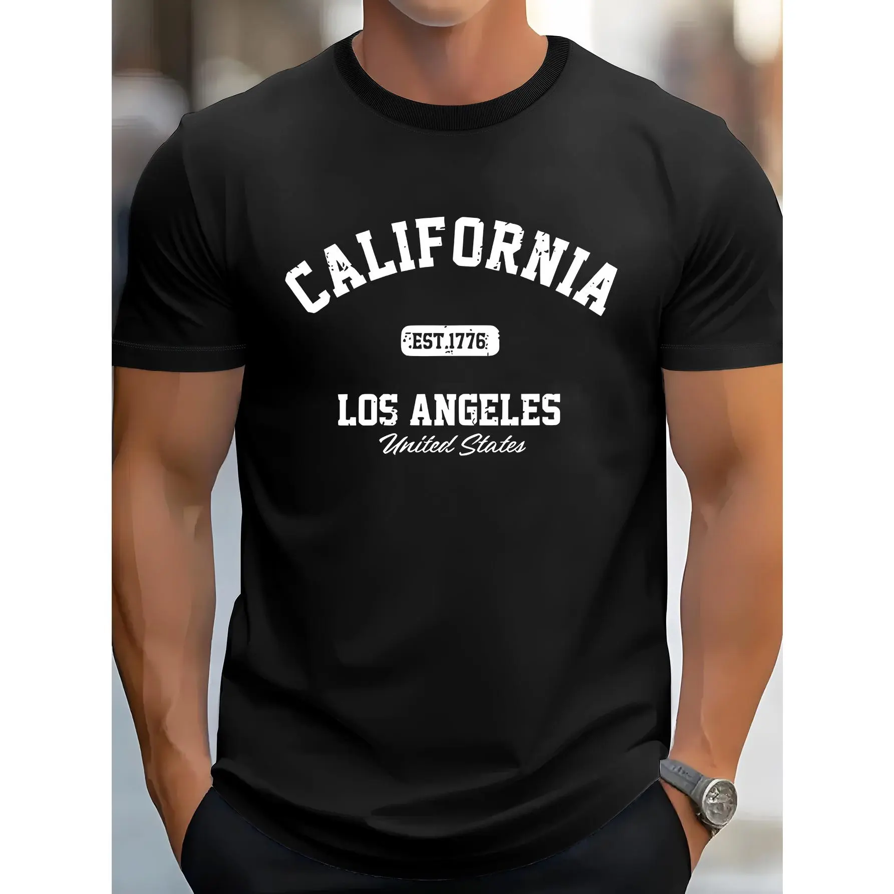 Men's Retro California Graphic T-Shirt in 200g 100% Cotton, Loose-Fit Streetwear Crewneck, Soft Breathable Couple-Matching Top, M, Parties, Graphic Print