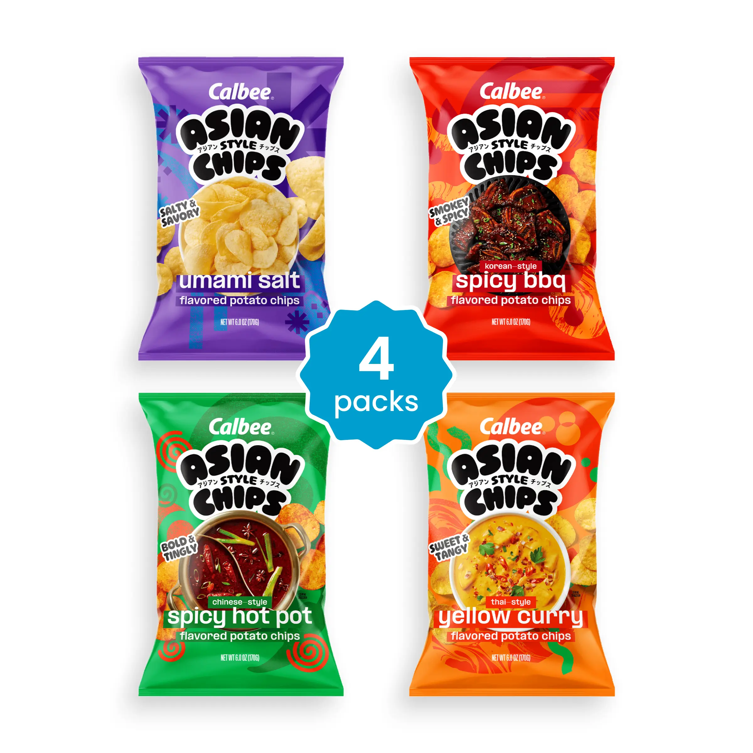 Calbee Asian Style Chips Multipack (Umami Salt, Korean-style Spicy BBQ, Chinese-style Spicy Hot Pot, Thai-style Yellow Curry) - 4 Packs, 6 oz x 4