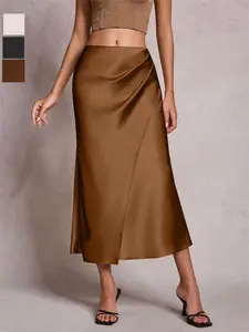 Elegant Chic Pleated Satin Midi Skirt, Elastic Waist, Solid Color, Office Wear, Fashionable Daily Commute Dress, New Arrival 2026