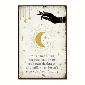 2D Flat - 1pc Vintage-Inspired Iron Wall Art Plaque, 12x8 Inch - Serene Moon & Stars Design with Inspirational Quote, Durable Metal Home Decor for Kitchen, Bedroom, Bar, Bathroom - Golden Accents, Moon Decor