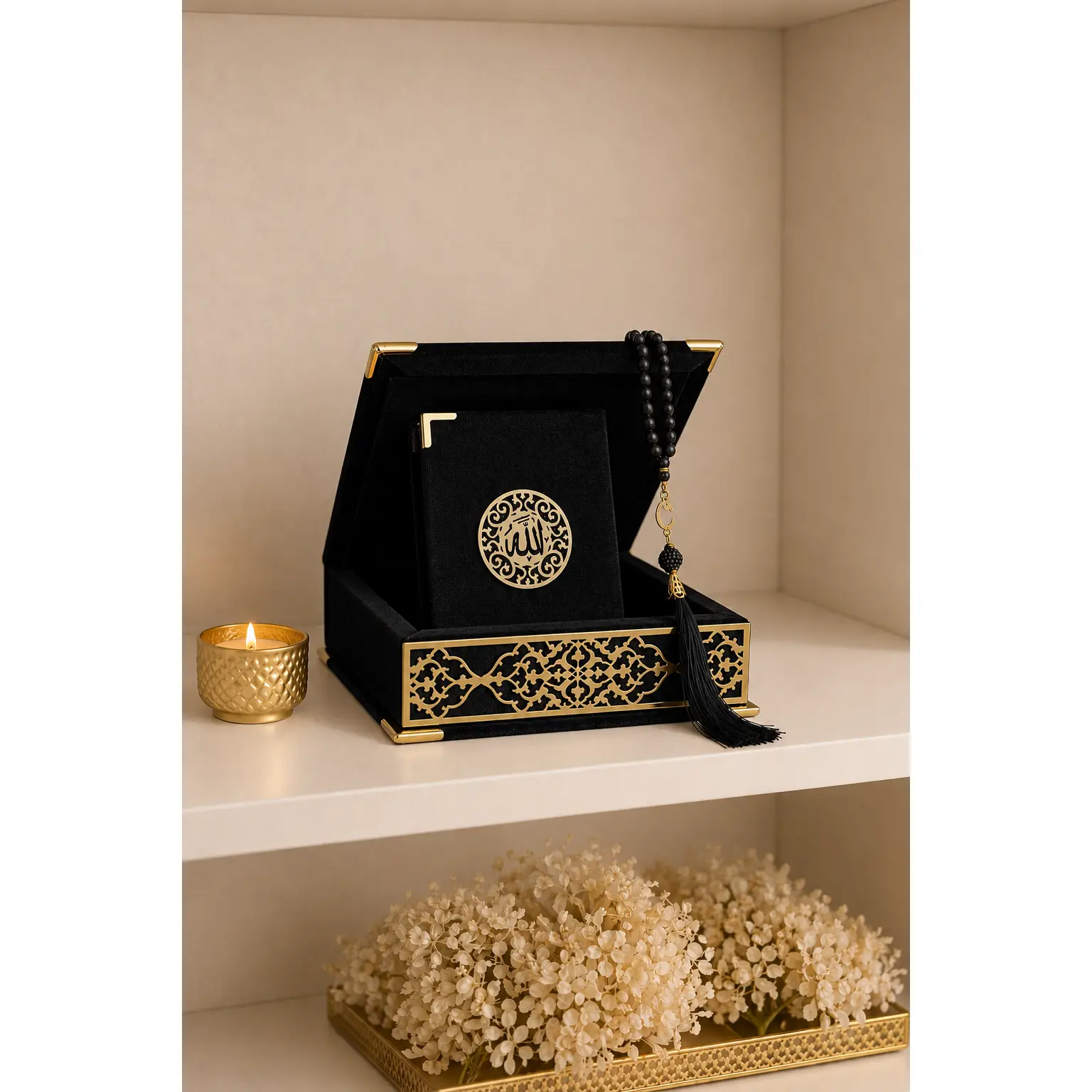 Islamic Umroh Gift Set - Velvet-Covered Quran, Pearl Tasbih in Wooden Decorative Box, Approved by Turkish Religious Affairs, Madinah Script Islamic Decoration for Eid Ramadan