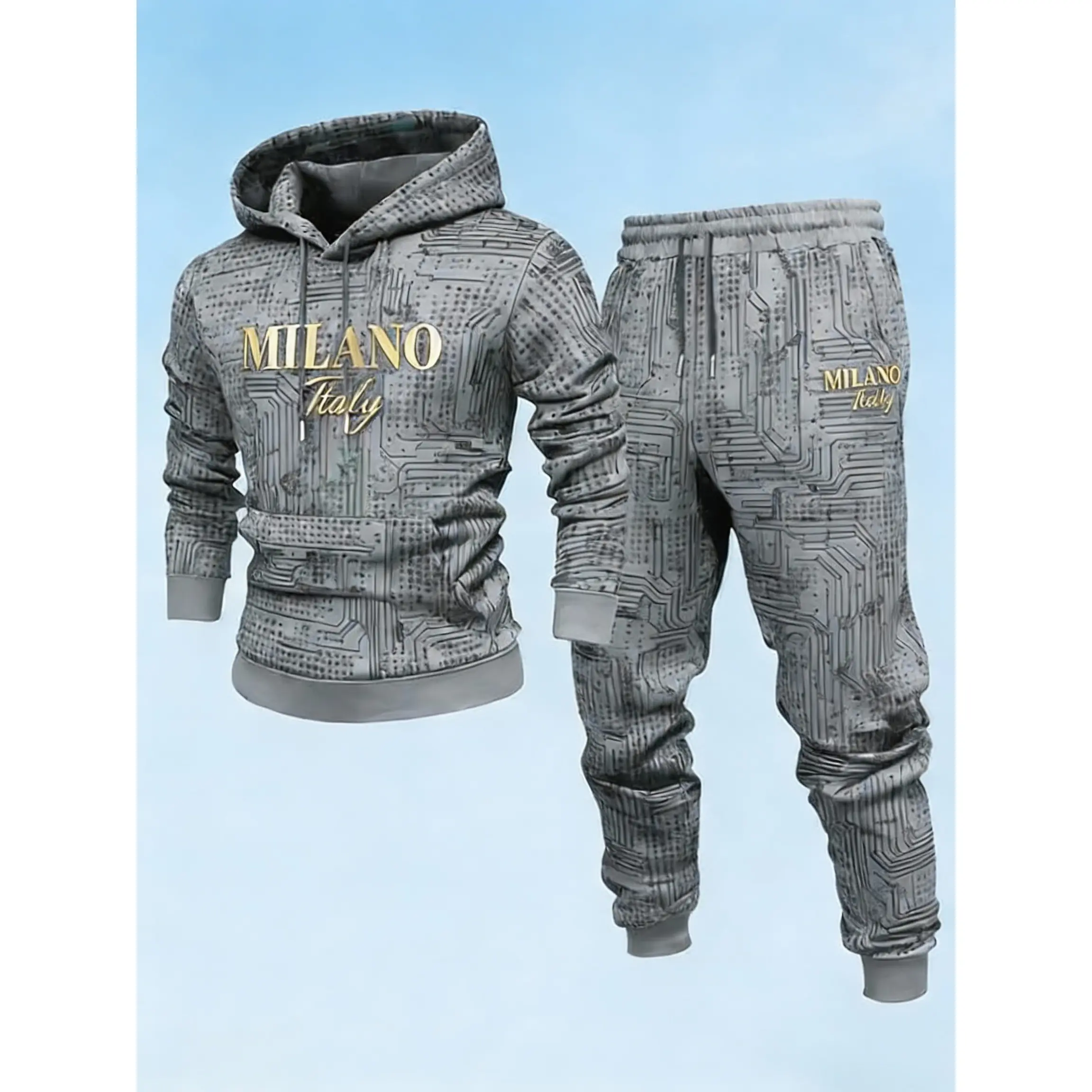 Men's 2-Piece Hooded Athleisure Sportswear Set - Shiny Circuit Pattern Design, Gold Milan Branding, Sports Activewear Set, Casual Wear, Fitted Cut