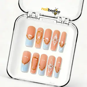 10PCS 1.3 Inch Long Coffin Press On Nails, Acrylic French Tip Fake Nails with 3D Flower & Cross Charm, Reusable Glue On Nails for Women Girls