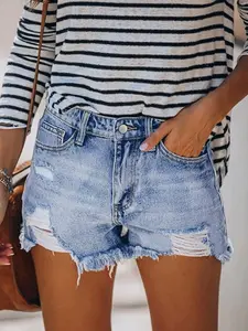 Women's High-Waisted Ripped Denim Jeans Shorts, Elastic Washed Edge Casual Jean Hot Pants, Aesthetic Summer Style, Loose-Fitting, Solid Pattern