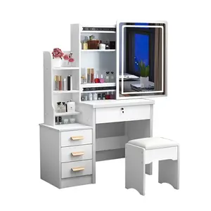White Fashion Vanity Desk with Mirror & Lights, 3-Color Adjustable LED Lighting, 4 Drawers, Glass Sliding Door, Makeup Vanity Table Set with Chair for Bedroom