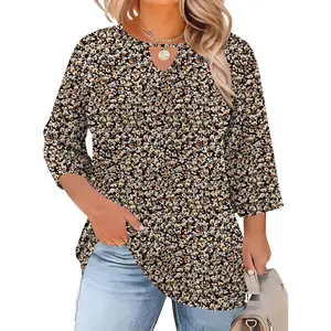 Womens Plus Size Tops 3/4 Length Sleeve Shirts Crewneck Dressy Casual Blouses Trendy Keyhole Tunic Top XL-5XL