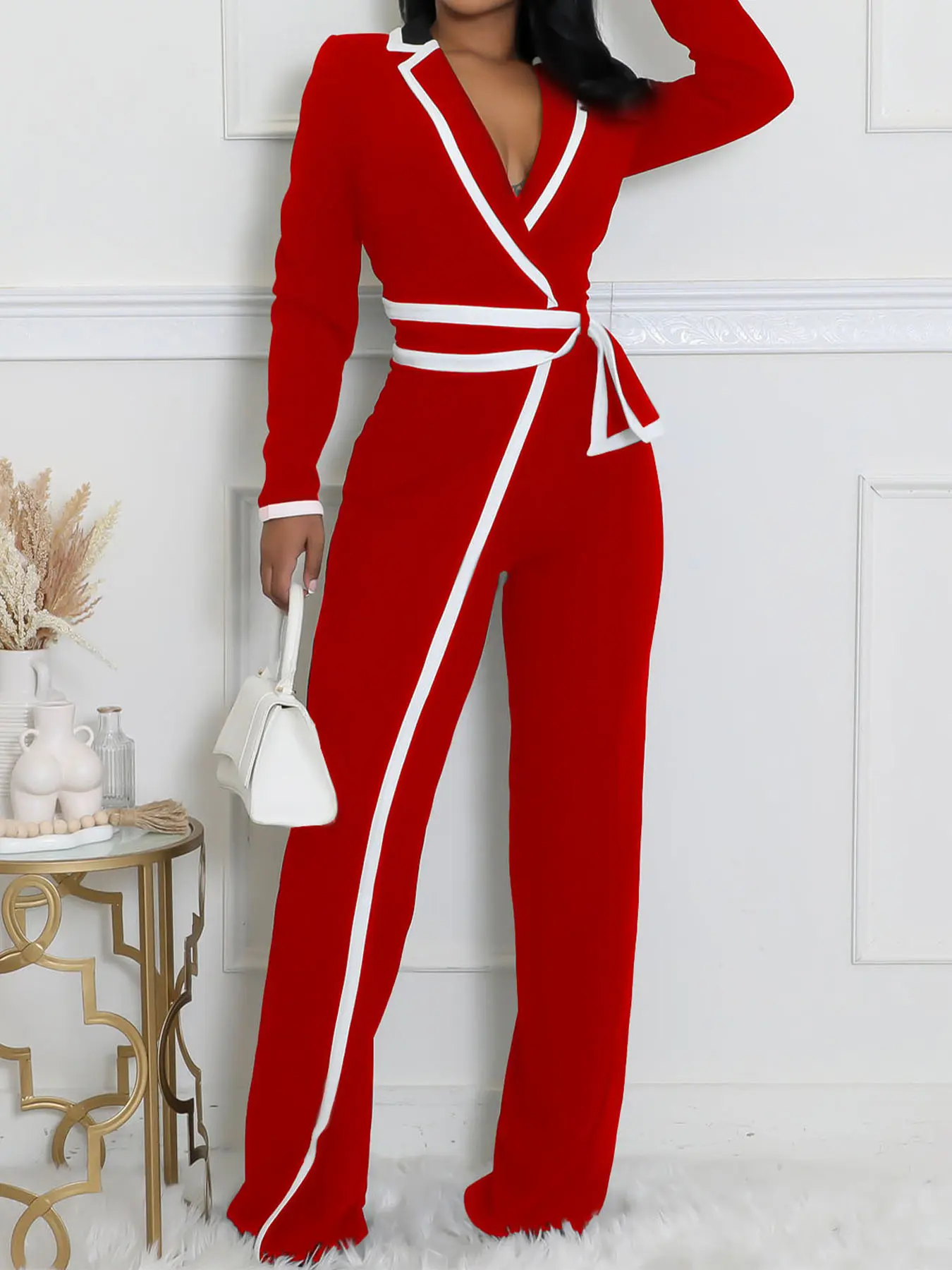 Elegant Women's Long Sleeve Slim Fitted Tie Waist Deep V Jumpsuit, Chic Belted Waist Design, Colorblock Patchwork, Fall & Winter Fashion, Office Wear, Womenswear