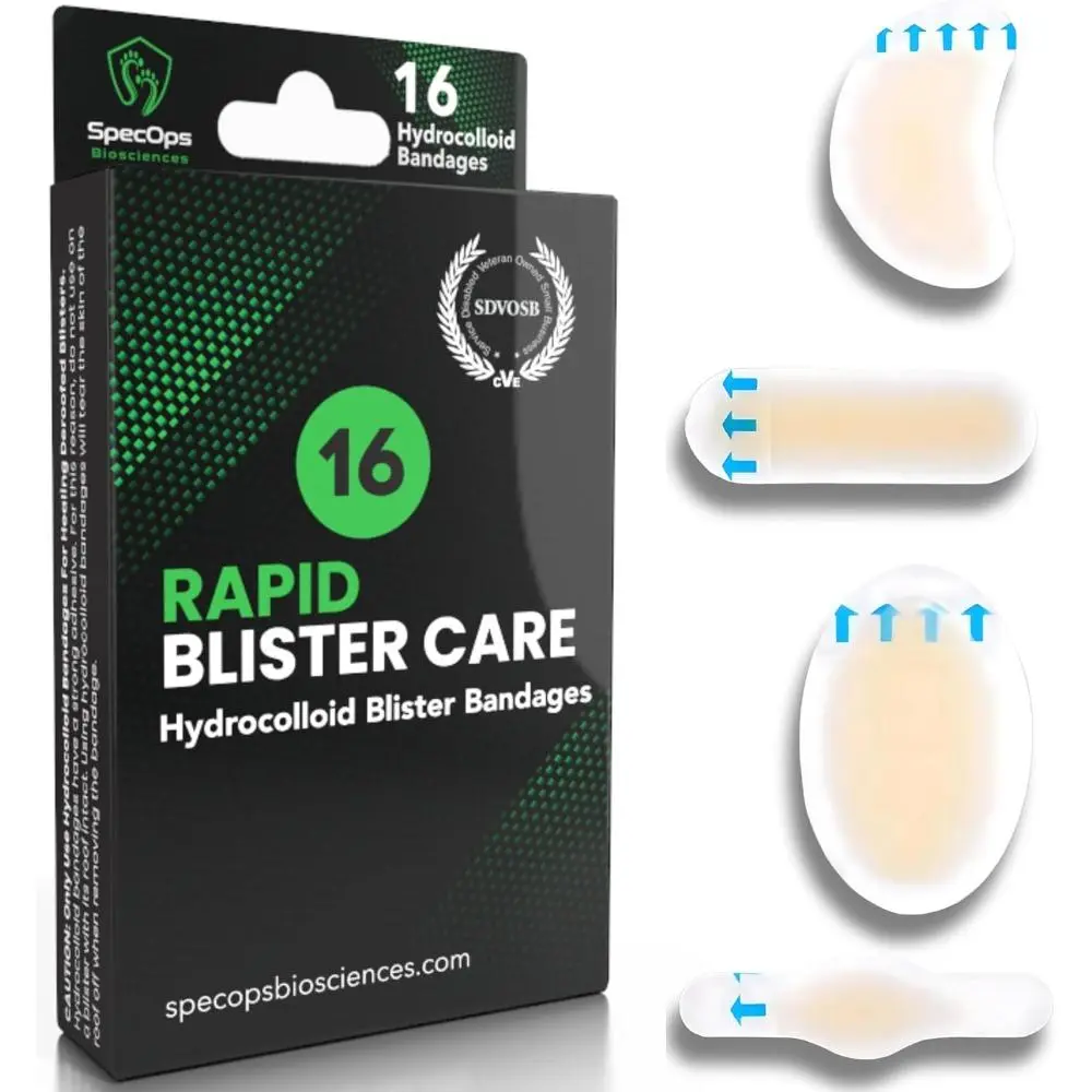 Hydrocolloid Blister Bandages (16 Pack)-Premium Blister Treatment for Athletes. Fast Healing Bandages for Blisters and Burns
