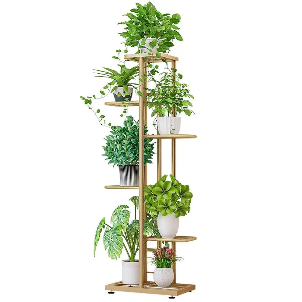 Space-Saving 6-Tier Tall Metal Plant Stand with 7 Potted Holders - Corner Shelf with Anti-Slip Pads - Indoor Outdoor Tiered Display Rack - Bronze Gold