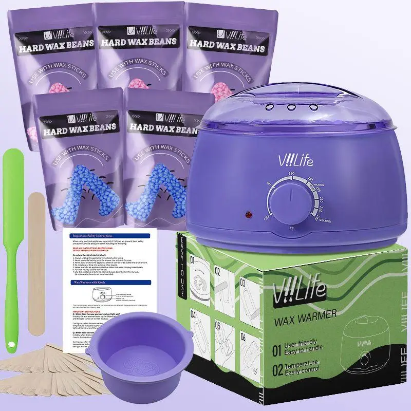 Hard Wax Kit, 1 Set Hair Removal Waxing Kit with Wax Melt Warmer & Waxing Beads, Wax Warmer Machine, Professional At Home Wax Pot for Face/ Brazilian/ Full Body/ Bikini/ Sensitive Skin