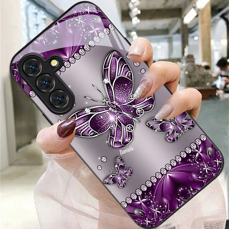 Purple butterfly print phone case, suitable for Samsung Galaxy A14 A15 A16 A23 A24 A25 A26 A32 A34 A35 A36 A52 A53 A54 A55 A56 S21/S22/S23/S24/S25/S26 FE/Plus/Ultra, anti-drop tempered glass protective cover, stylish and trendy appearance
