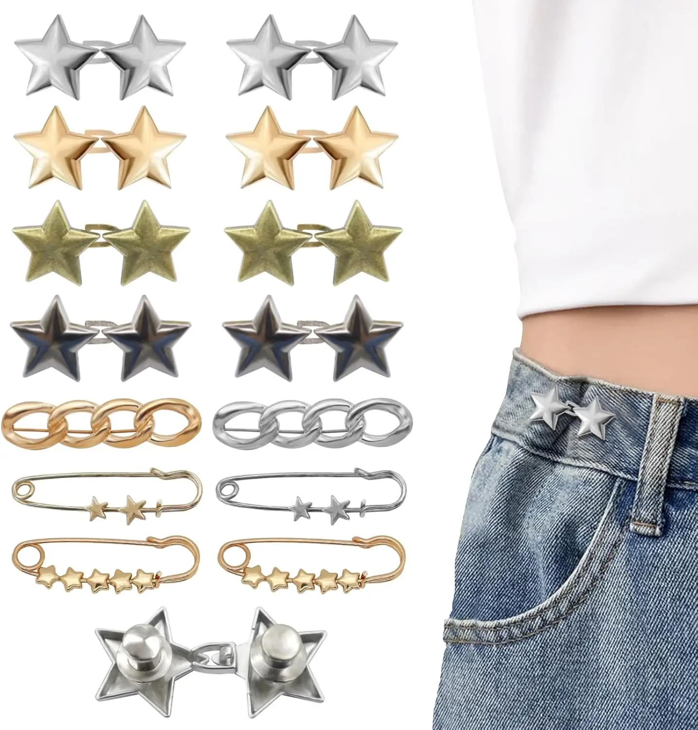14 Set Pant  Tightener Star Buttons Pins for Loose Jeans   Cincher Clip Metal Star Brooch for Clothing Dresses Skirts No Sewing Decoration Accessories