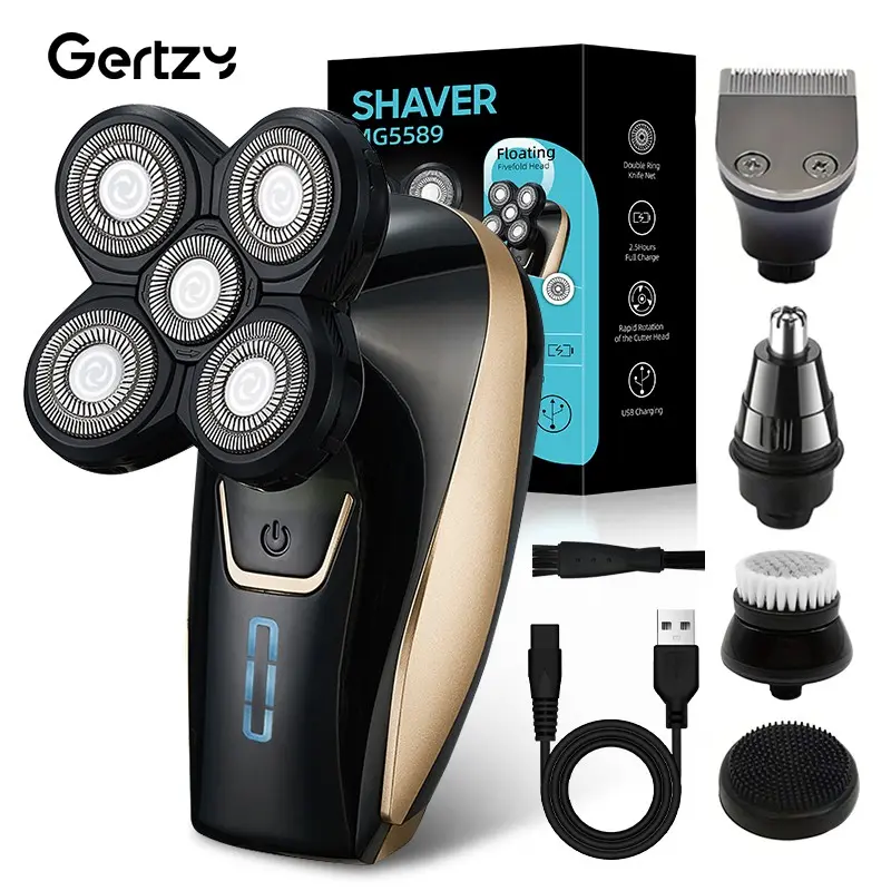 GERTZY Men's Five-In-One Grooming Kit, Electric Razor with 5 Rotating Blades, USB Charging, Rechargeable Shaver Machine, Nose Hair Trimmer, Face Brush, Exfoliating Brush, Cordless Rechargeable Shaver, Rechargeable Rotary Shavers