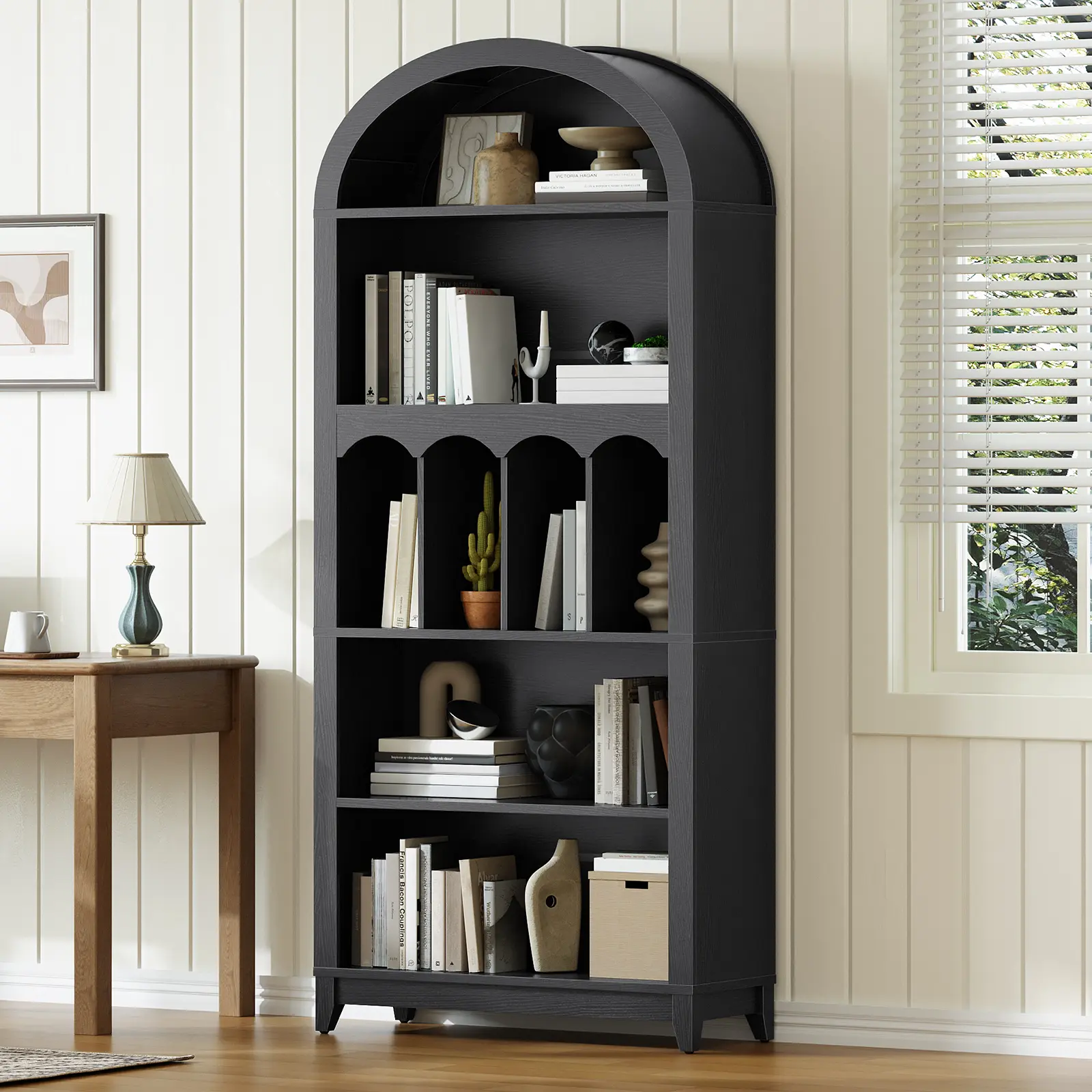 HOOBRO Arched Bookshelf, 71" Tall Arch Bookcase with Storage, 5-Tier Farmhouse Book Shelf, Modern Arched Cabinet, Wooden Bookshelf with Open Display, Wooden Shelves for Living Room, Office, Black Stable Structure #SummerVibes