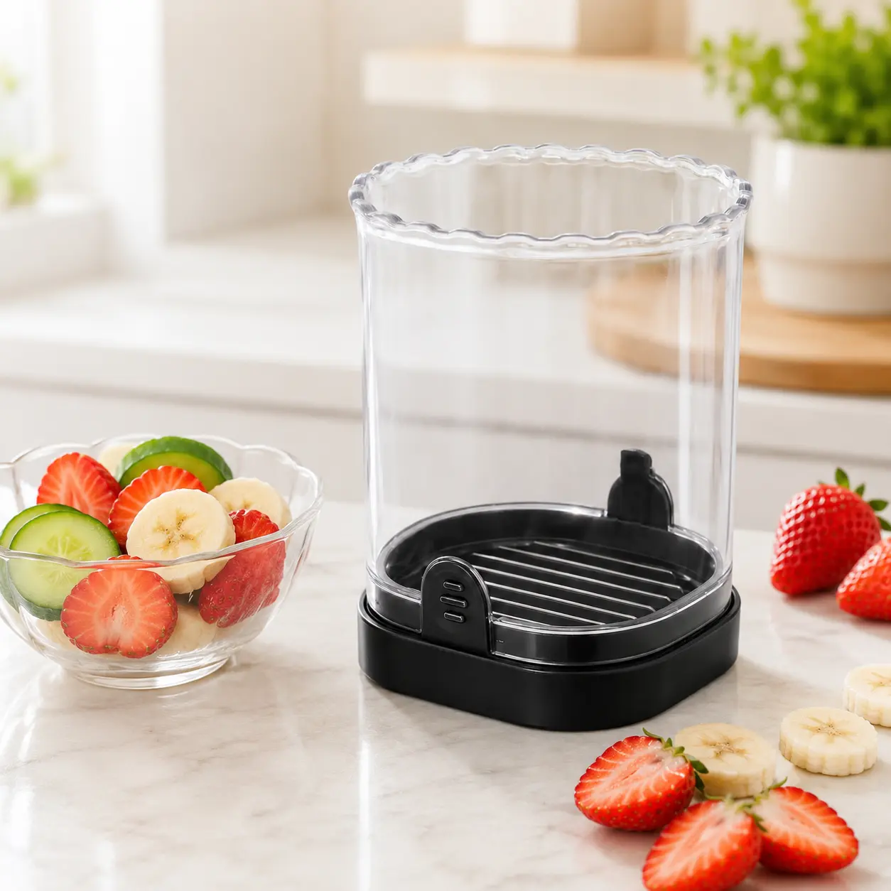 Portable Fruit Slicer Cup – Detachable Blade & Push-Plate Design, Even Slicing Tool for Strawberry, Banana, Egg & Cucumber
