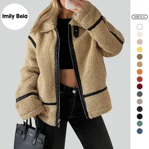 Imily Bela Womens Winter Faux Fur Coats Fleece Zip up Sherpa Moto Jackets Trendy Warm Leather Patchwork Outerwear