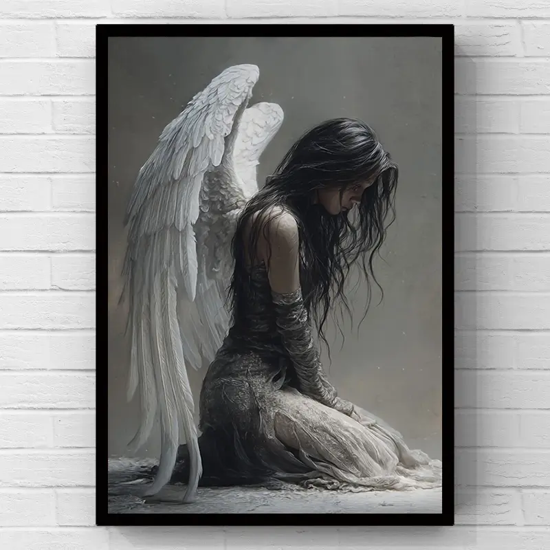 Melancholy kneeling white winged fallen angel gothic moody portrait, minimalist artistic hanging artwork, 2D flat print canvas wall art poster, grunge bedroom decor, perfect gift for home decor and teen bedrooms, dark art space home wall decor