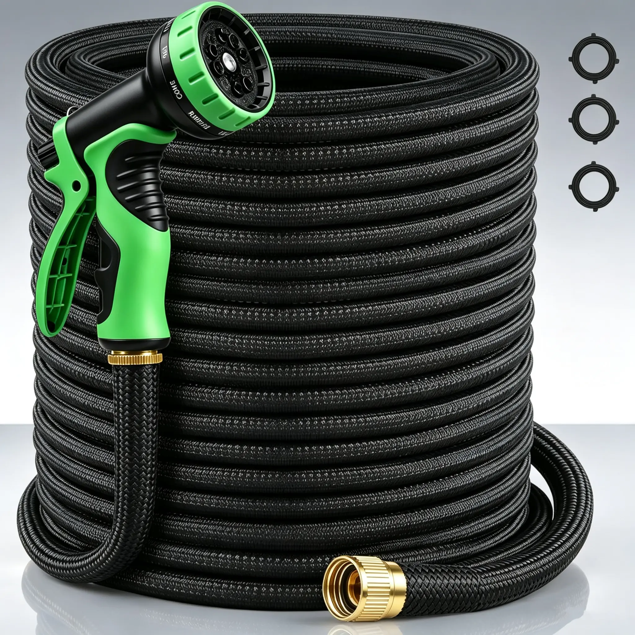 Adjustable Nozzle Garden Hose - 4X Heavy-Duty Non-Expanding 75FT/100FT Ultra Lightweight Flexible Anti-Kink Pipe, Leak-Proof 10-Function Sprayer, Outdoor Home Improvement Watering Tool (Black & Green)