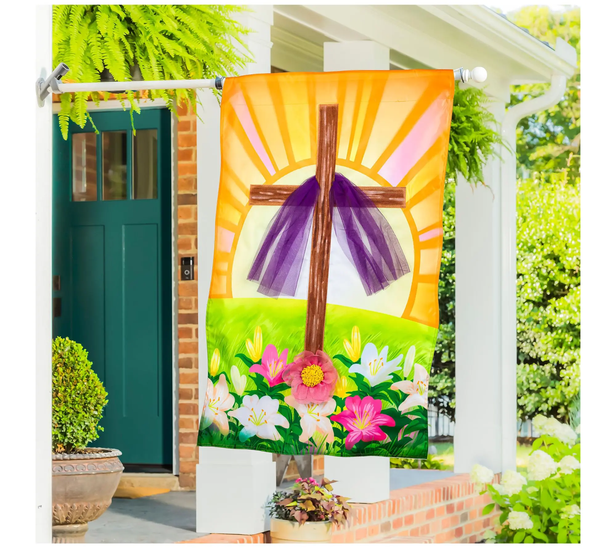Evergreen Easter Cross With Lilies Applique House Flag Evergreen Easter Cross With Lilies Applique House Flag