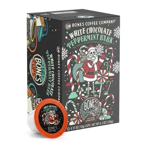 Bones Coffee Company White Chocolate Peppermint Bark Roasted Chestnut Flavored Pods 12ct Kcups Natural Beverage Hazelnut Milk 100% Arabica Medium Roast Coffee